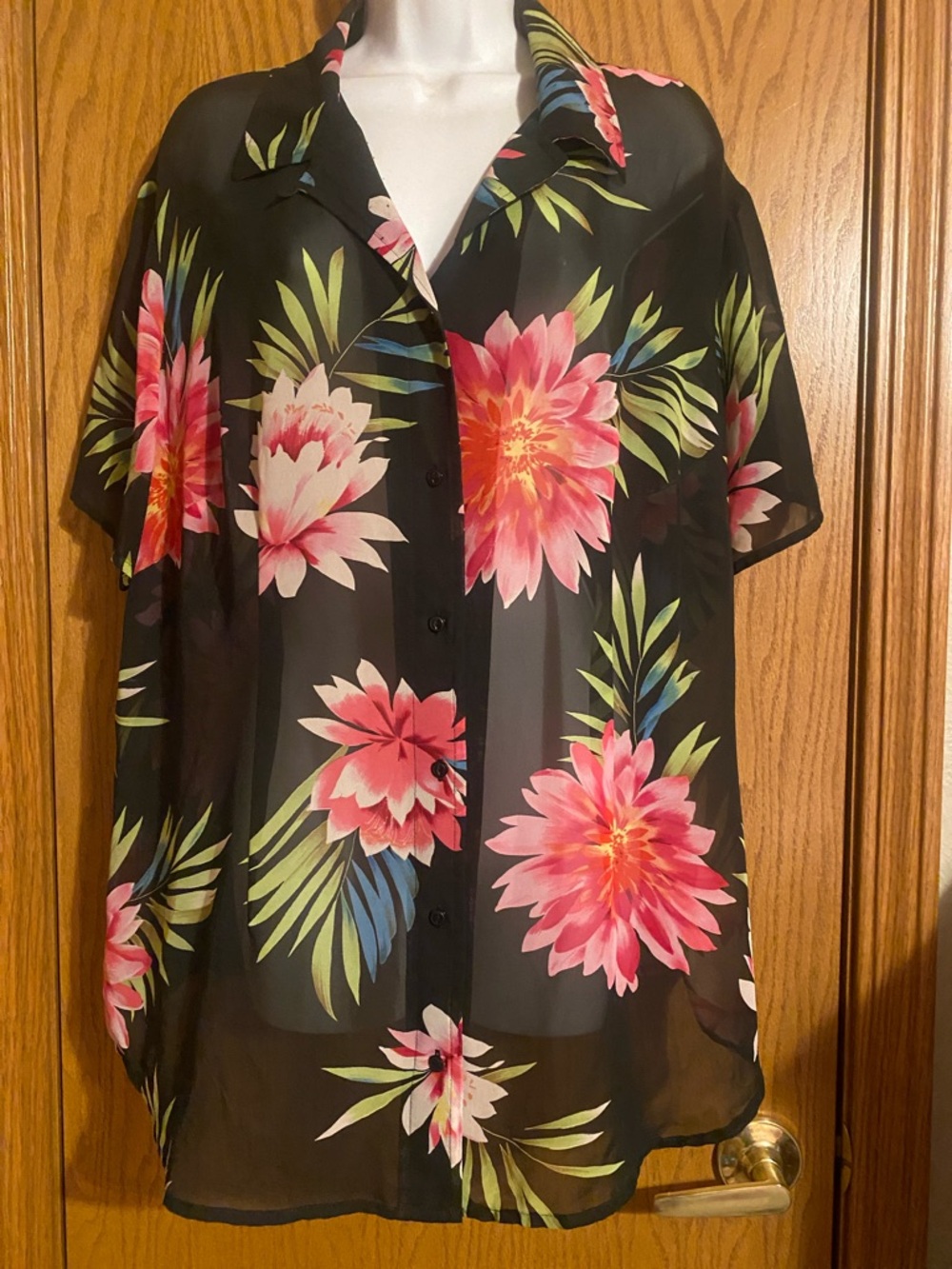 Black Sheer Floral Button-Down Top with Pink & Green Print